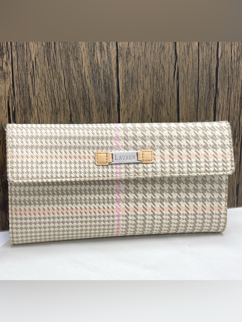 Lauren Ralph Lauren Women’s Houndstooth Plaid Wallet Brown / Cream 7.5x4x1”